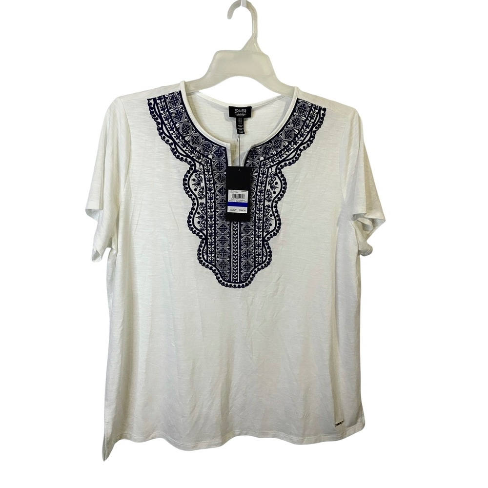 Jones New York White Navy Embroidered Split Neck Top XL NWT New! Blouse